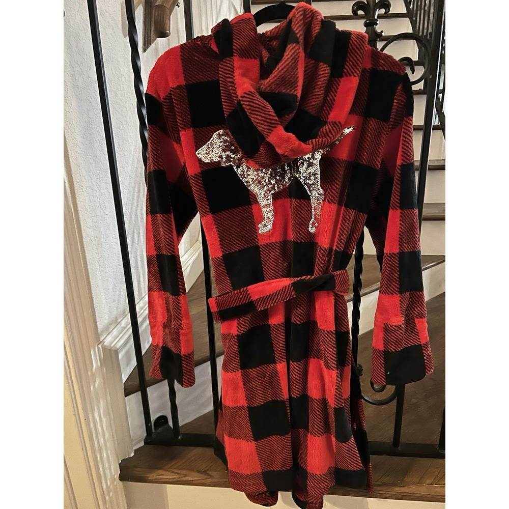 PLUSH ROBE Victoria's Secret PINK Sequins Dog Red Buffalo Plaid Pink Bath XS/S